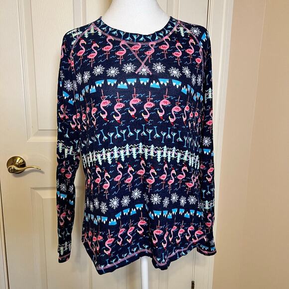 Muk Luks Christmas Flamingo and Martini Fair Isle Print Lounge Top Size Large - Picture 1 of 7